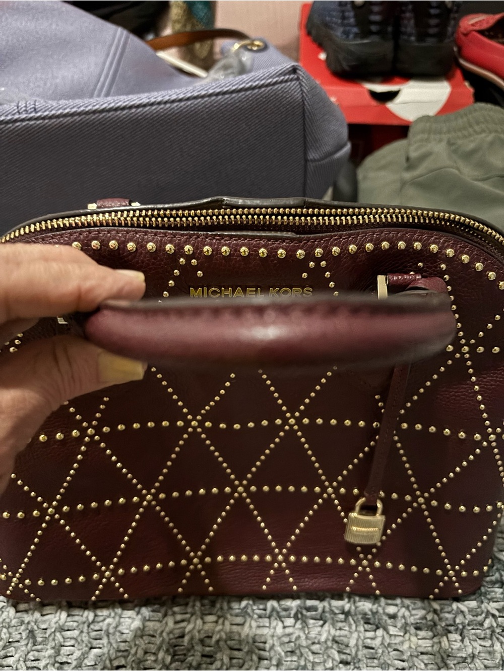 Michael Kors Maroon Leather Studded Satchel with Gold Hardware